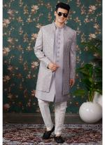 Art Silk Grey Wedding Wear Thread Work Readymade Sherwani